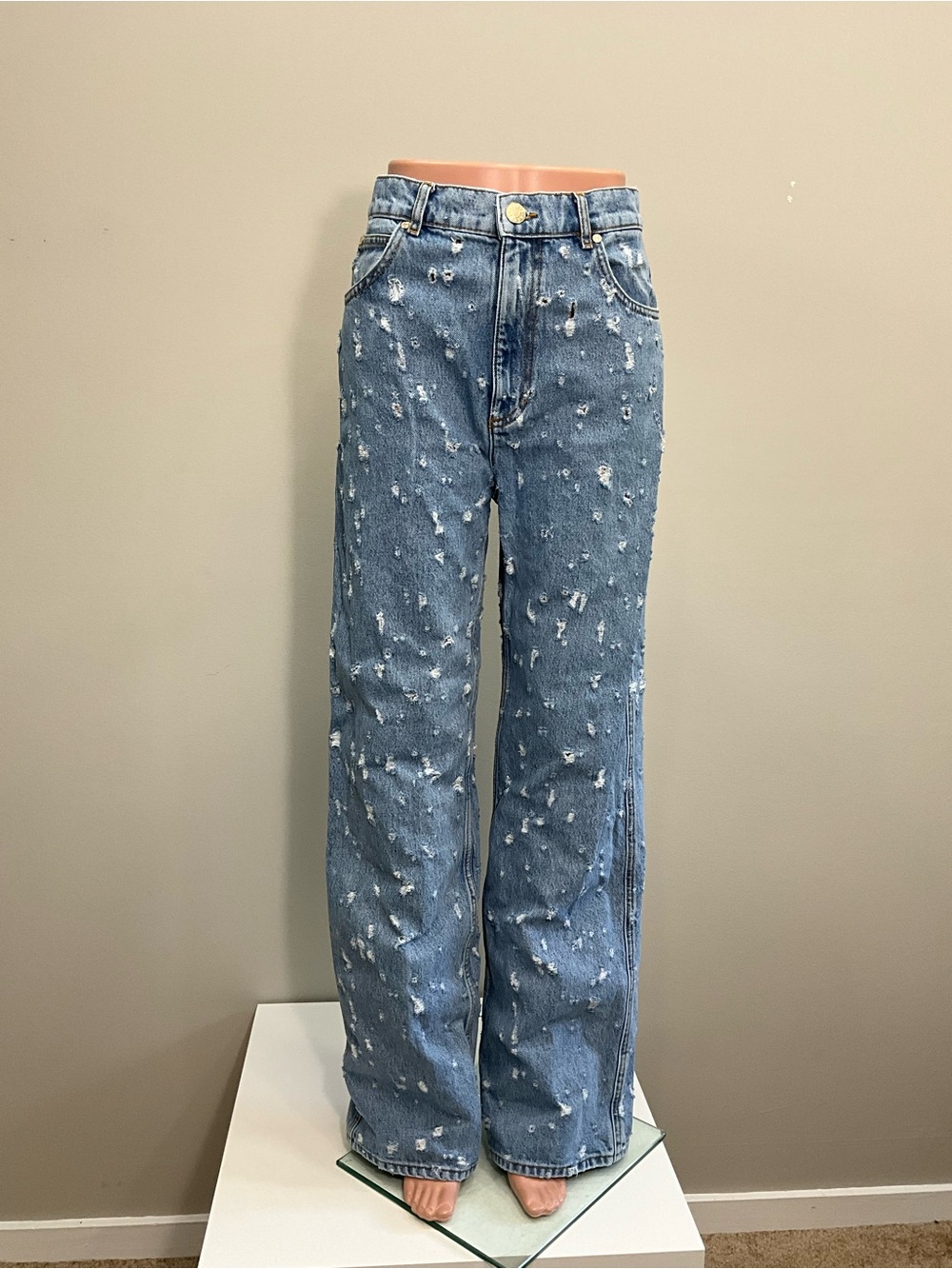 SANDRO Ruthy Distressed High Rise Wide Leg Jeans Light Wash Size 40